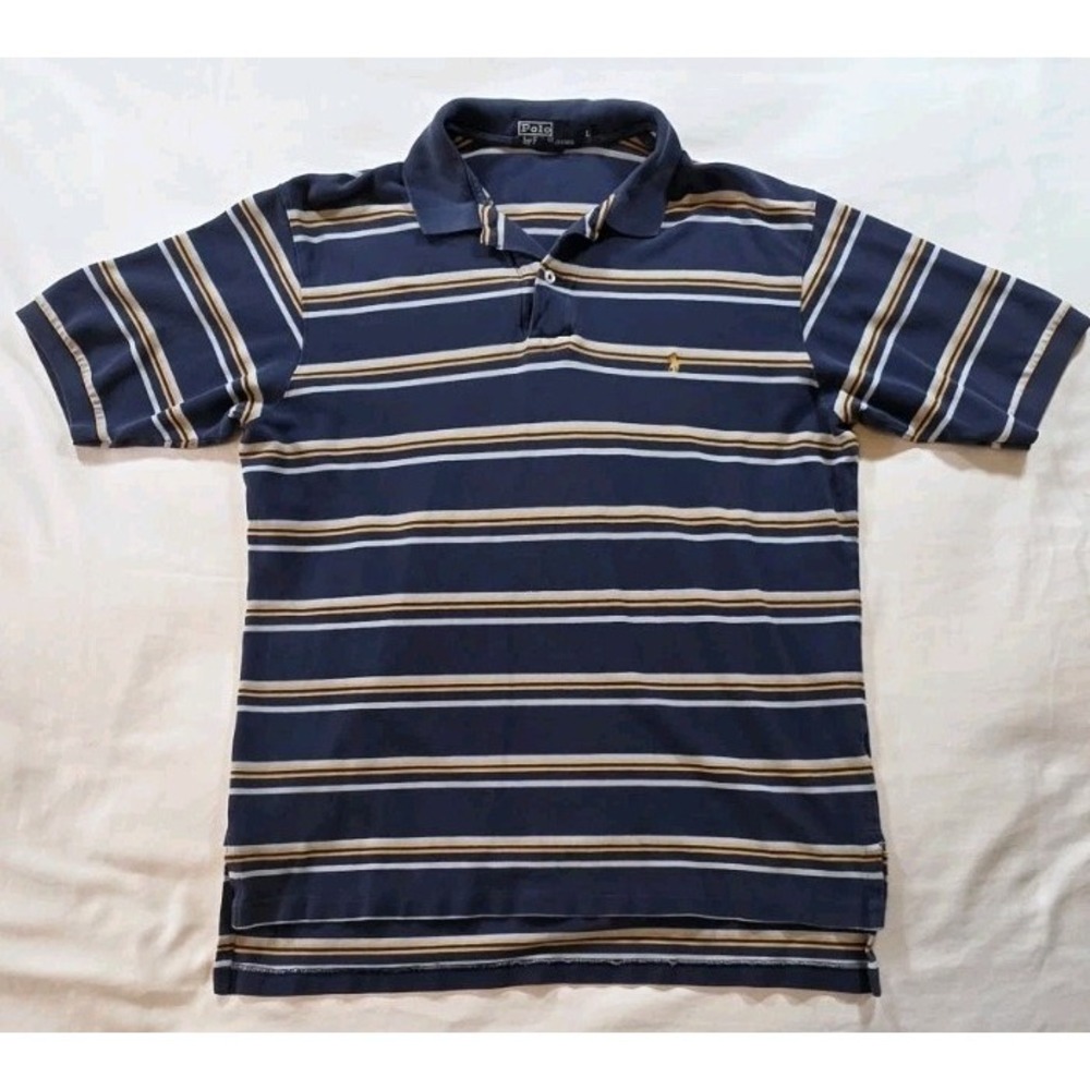 Polo Ralph‎ Lauren Polo Shirt Mens Large Navy Blue Striped Cotton Short Sleeve